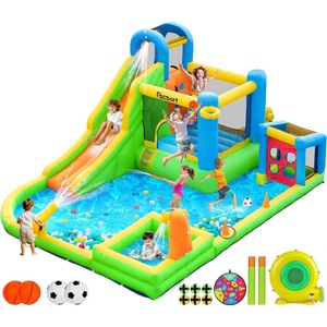 image:imageFBSPORT Inflatable Bounce House 9 in 1 Water Slide with Blower Bouncy House for Kids Indoor Outdoor Wet Dry Combo Water Bounce House with Football Shooting Water Gun Splash Pool Bounce Area HoseOne Football GameOne Pool