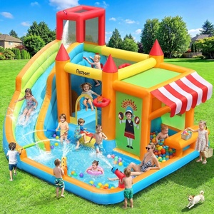 image:imageFBSPORT Inflatable Bounce House Water Slide Bounce House for Kids with Toy Market Stand Splash Pool Bouncer Climbing Wall Water Gun Ball Dart Bouncy Castle W620W Blower for Outdoor Indoor RedOrange
